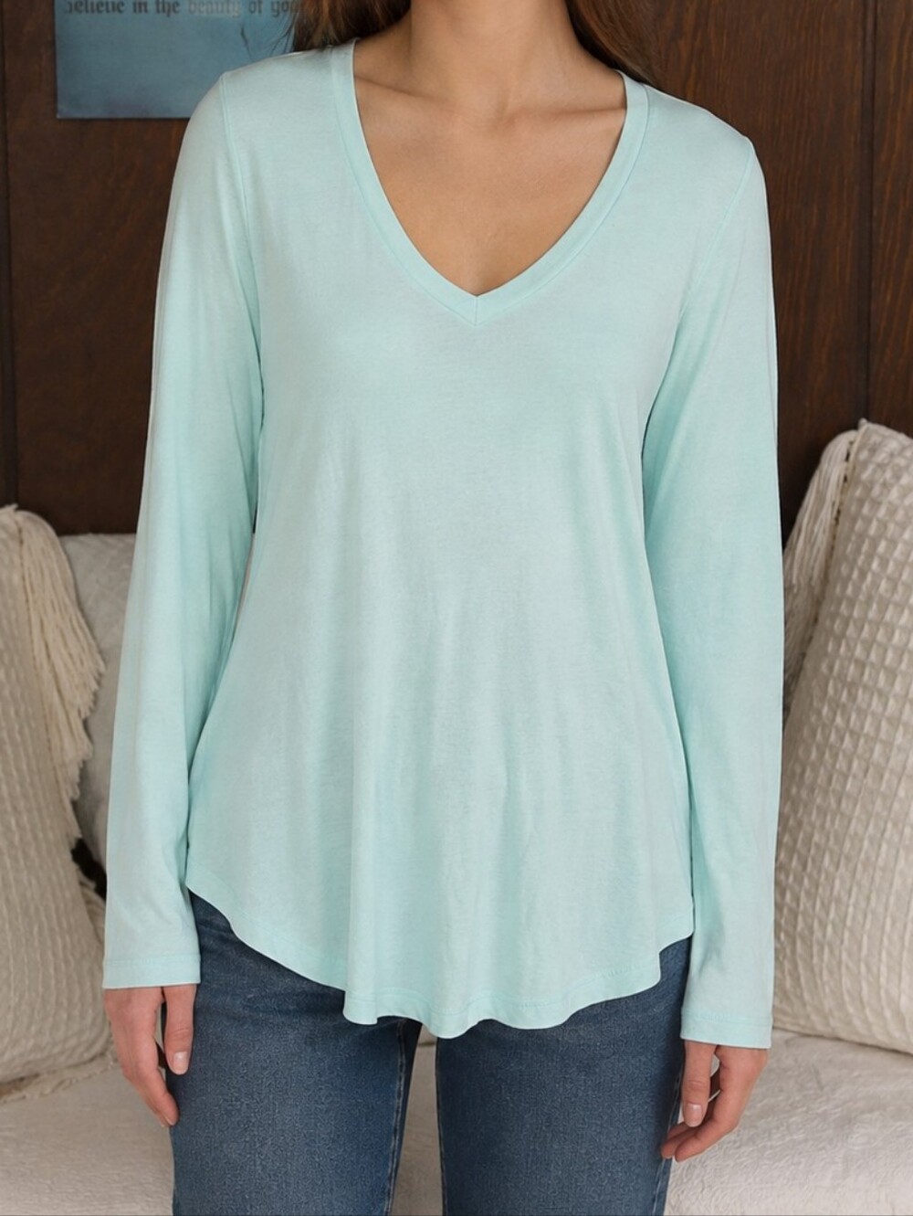 Size M Freeloader Pastel Green Loose Fit Long Sleeve V-Neck Top